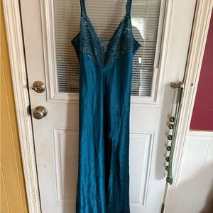Vintage Victoria's Secret Blue Satin Chemise Gown Long Lace Gold Label Slit